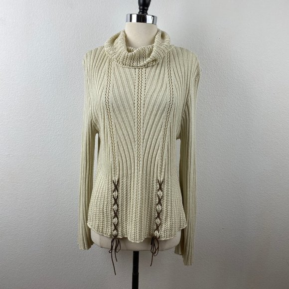 Knit Zone USA Boho Pullover Sweater Natural Rolled Turtleneck Flared Sleeves XL - Picture 1 of 8